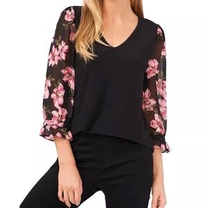 CeCe Black Blouse with Pink Floral Sleeves